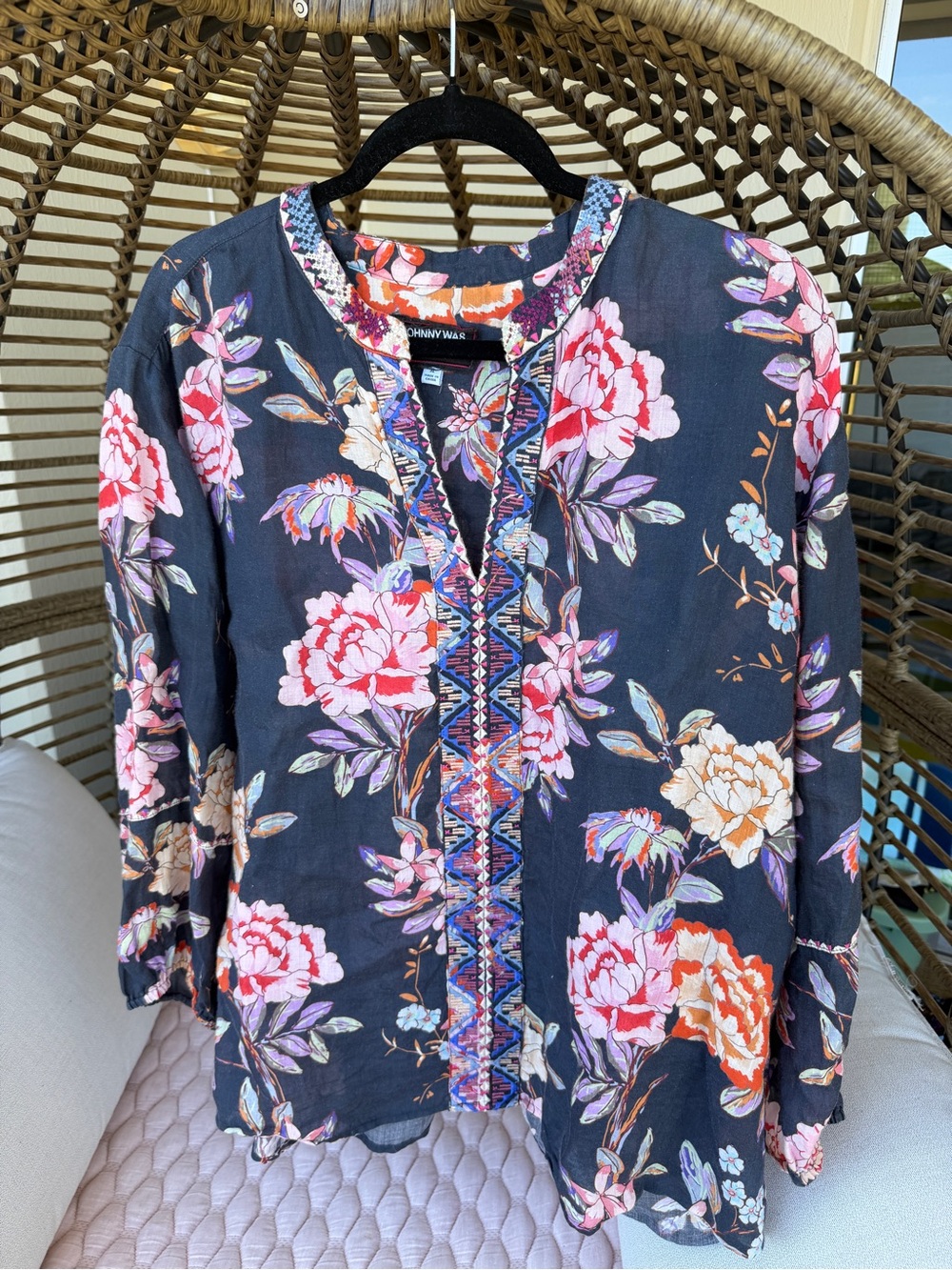 Johnny Was Workshop Blue Floral Embroidered Split-Neck Blouse